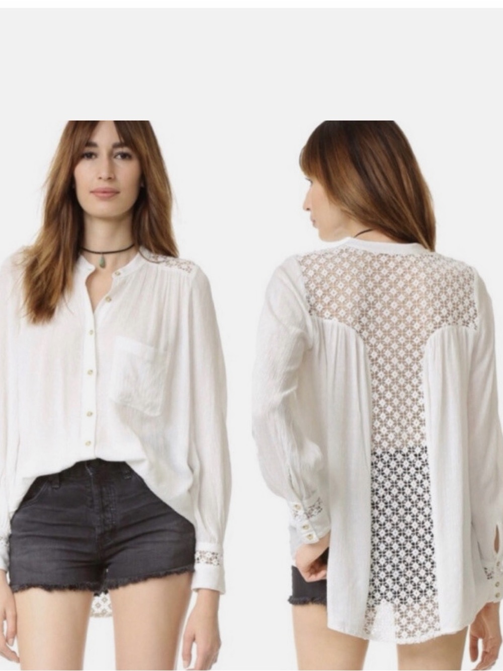 Free People Open Lacr Back Button-Front Women's Blouse